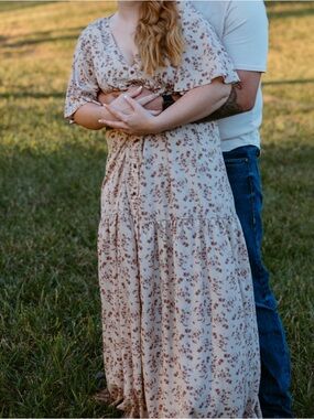 Floral Tie-Front Maxi Dress in Cream and Brown